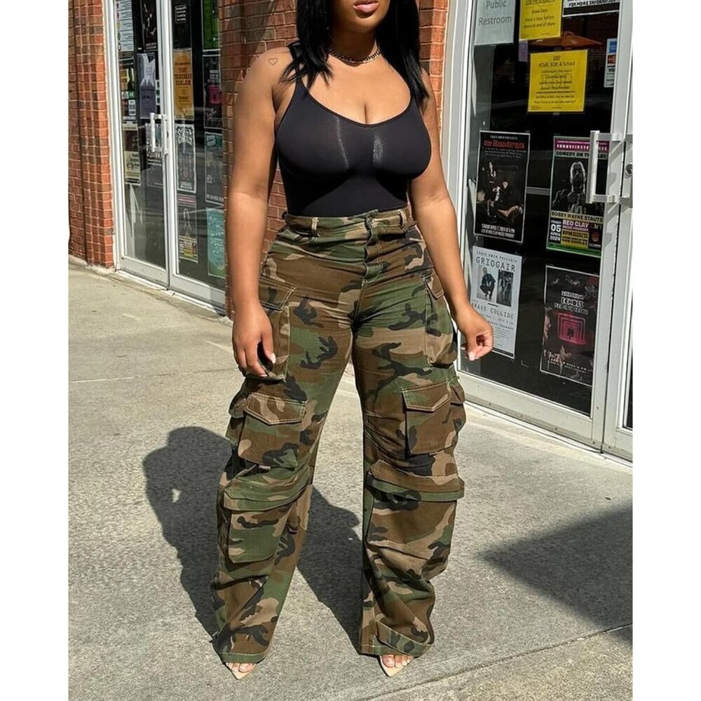 Baggy Cargo Jeans for Women Camo Denim Pants with Pockets Streetwear - Picture 2 of 6